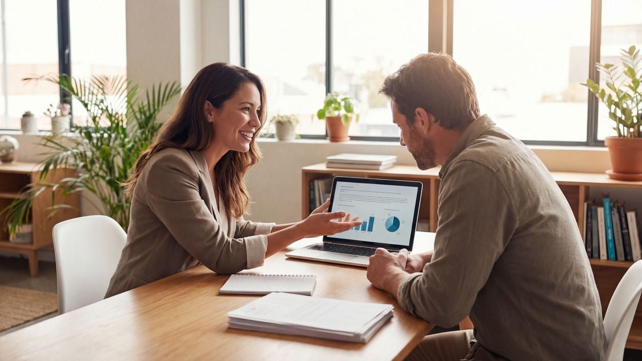 補助金コンサルタントが中小企業オーナーに説明するシーン