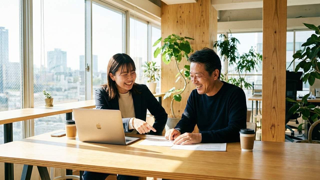 経営者と従業員が笑顔で話し合う様子